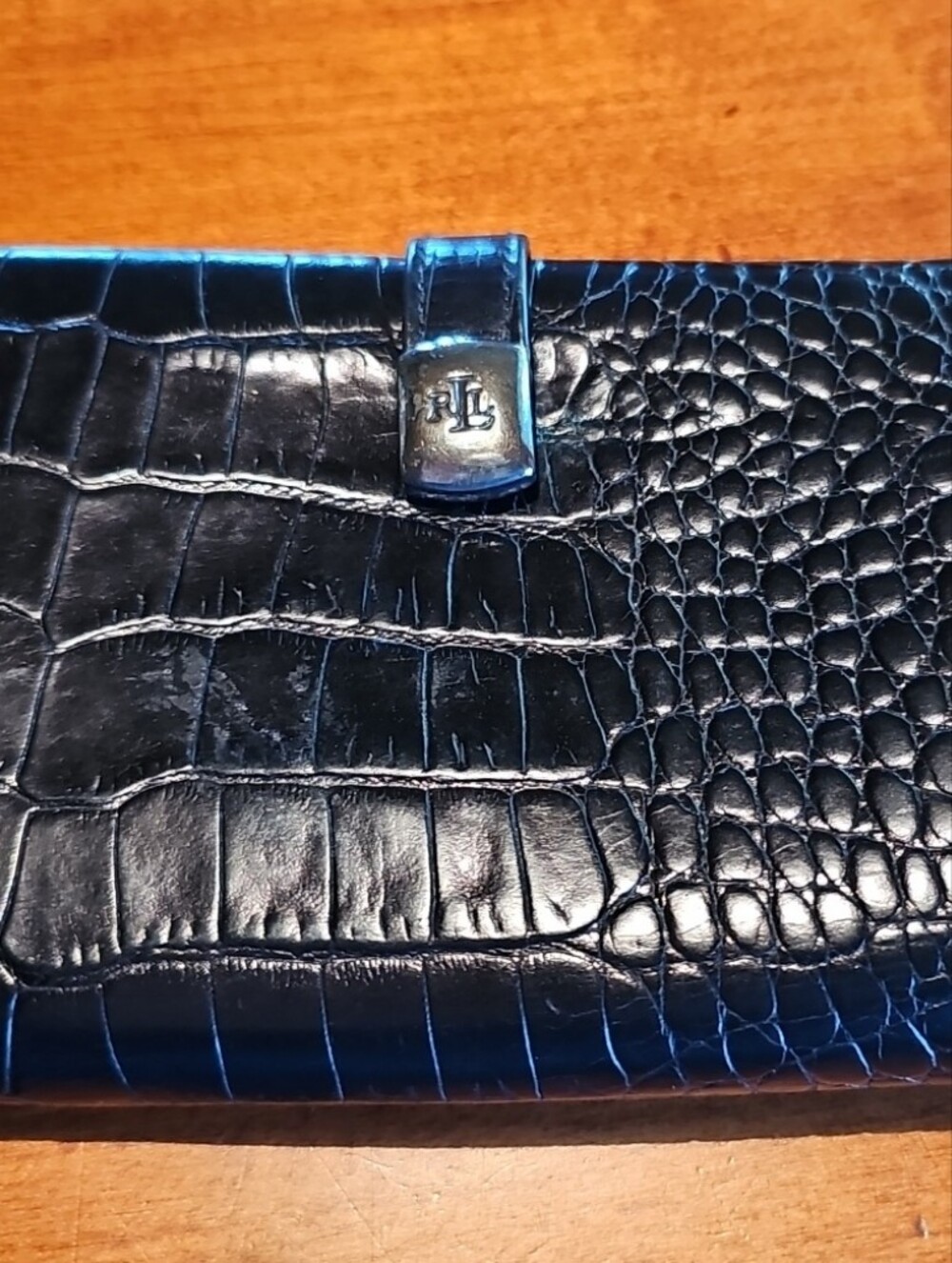 Ralph Lauren Black Croc-Embossed Leather Clutch Card Holder With Zip Pocket